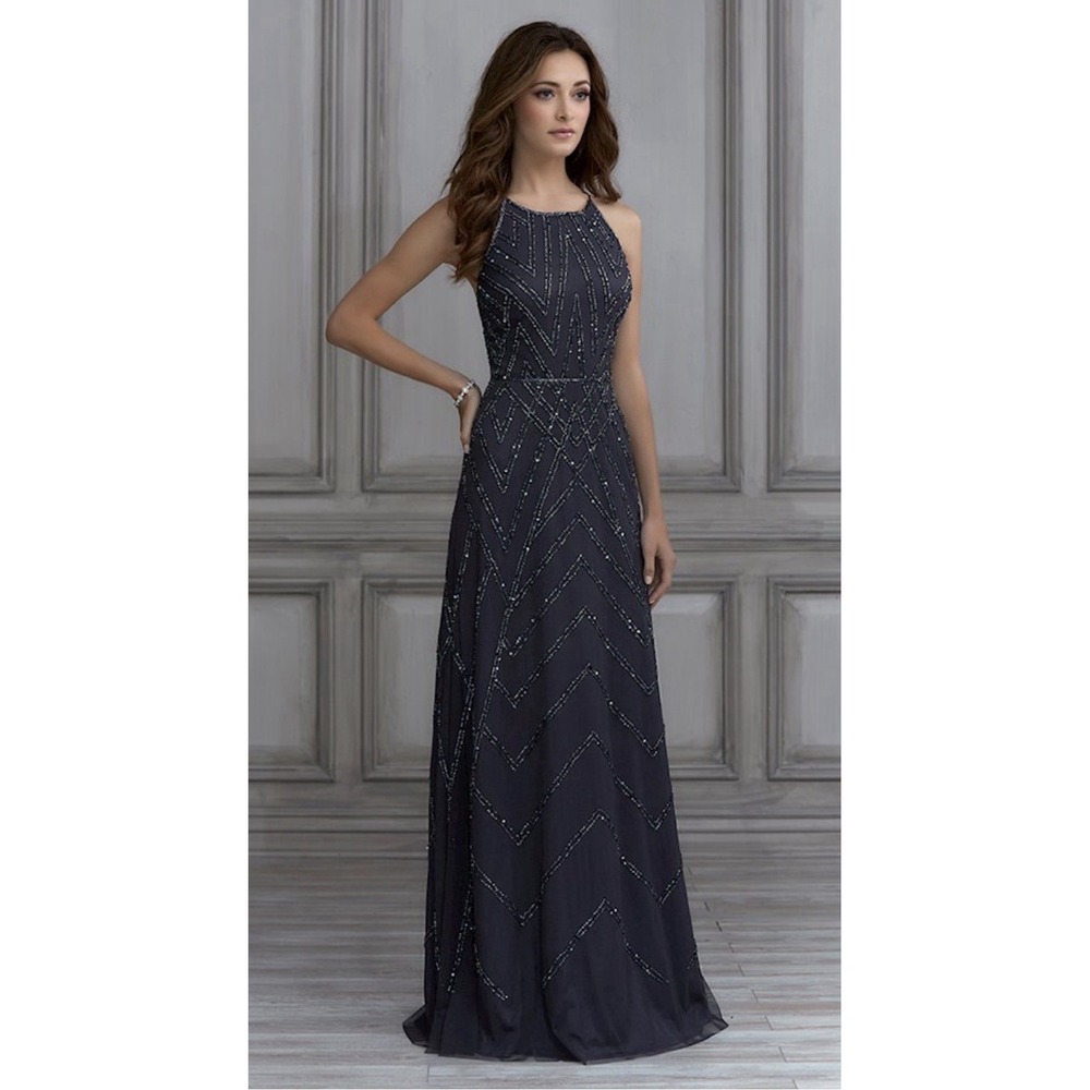 Adrianna Papell Beaded Maxi Dress 6 Gray Art Deco Formal Evening Gown With Flaws